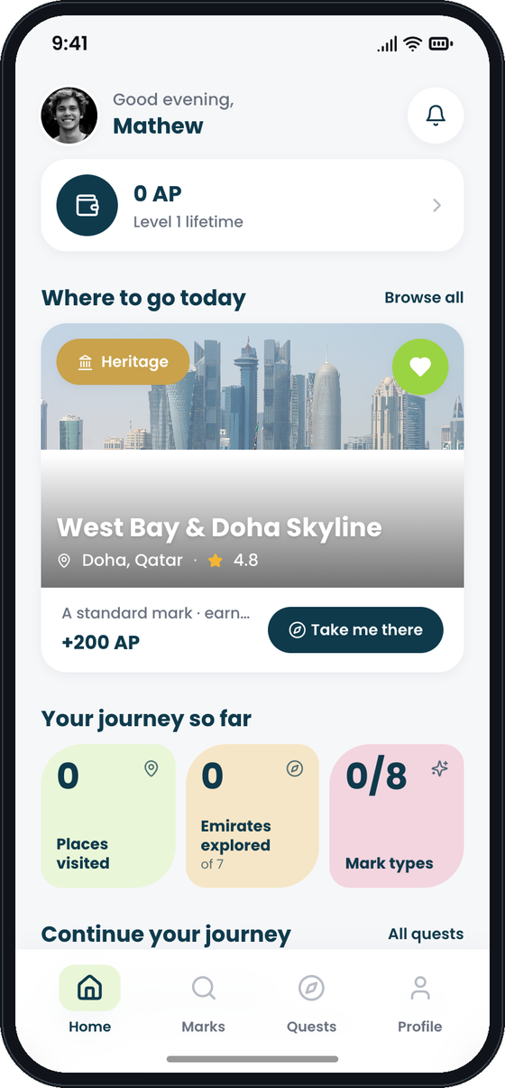 Tresure home screen with today's suggested place